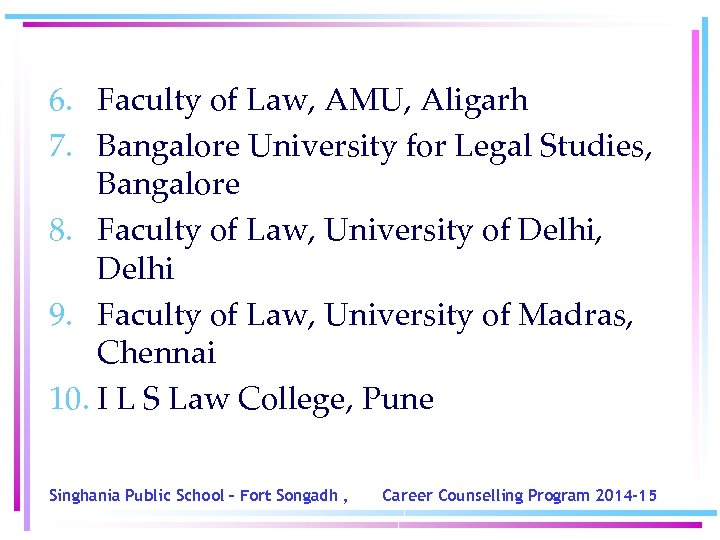 6. Faculty of Law, AMU, Aligarh 7. Bangalore University for Legal Studies, Bangalore 8.