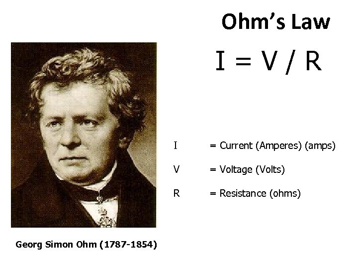 Ohm’s Law I=V/R I V = Voltage (Volts) R Georg Simon Ohm (1787 -1854)