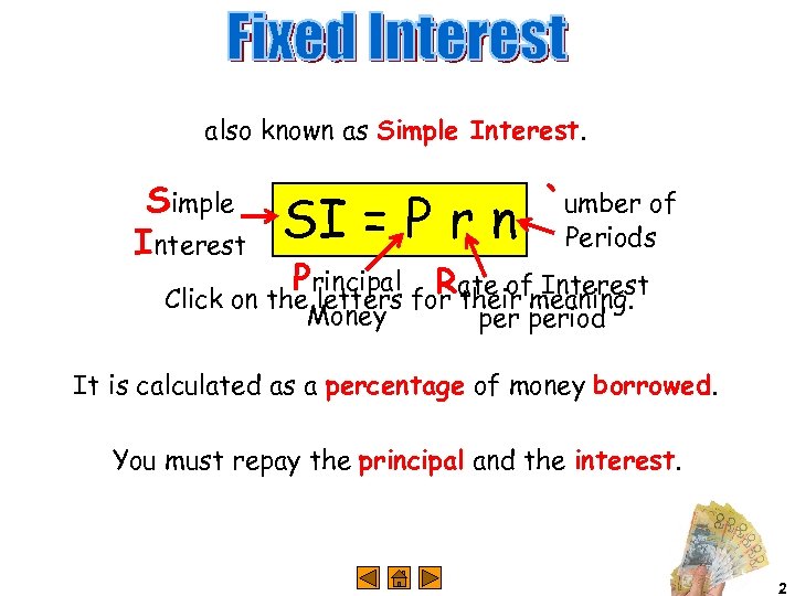also known as Simple Interest SI = P r n `umber of Periods Principal