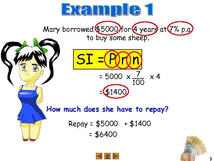 Mary borrowed $5000 for 4 years at 7% p. a. to buy some sheep.