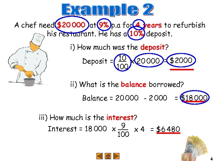 A chef need $20 000 at 9% p. a for 4 years to refurbish