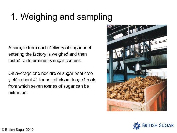 1. Weighing and sampling A sample from each delivery of sugar beet entering the