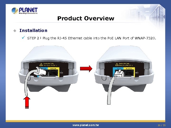 Product Overview u Installation ü STEP 2：Plug the RJ-45 Ethernet cable into the Po.