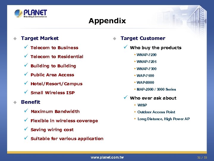 Appendix u Target Market ü ü Building to Building ü Public Area Access ü