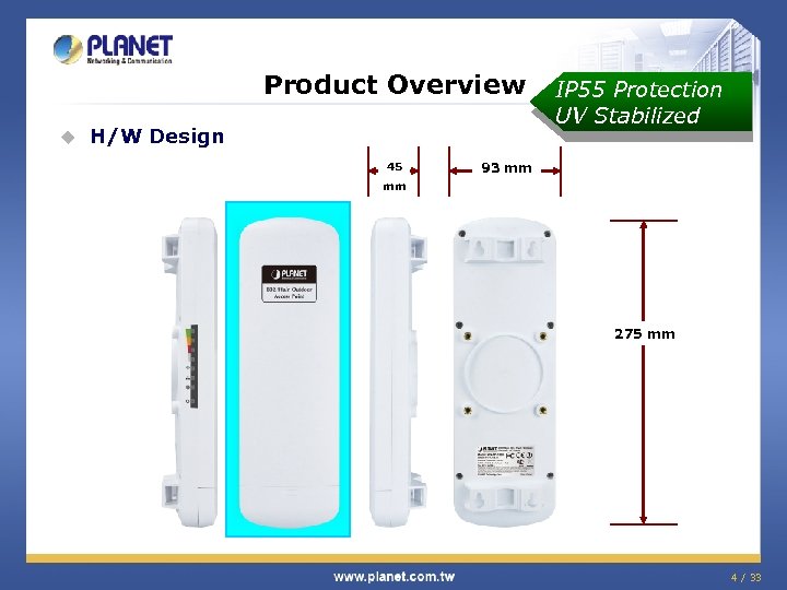 Product Overview u H/W Design 45 IP 55 Protection UV Stabilized 93 mm mm