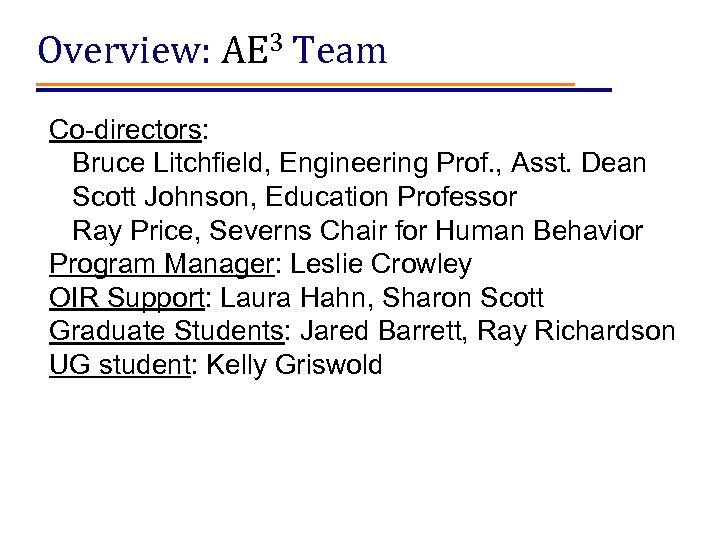 Overview: AE 3 Team Co-directors: Bruce Litchfield, Engineering Prof. , Asst. Dean Scott Johnson,