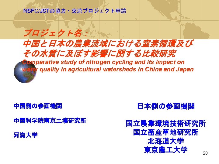 NSFC/JSTの協力・交流プロジェクト申請 プロジェクト名： 中国と日本の農業流域における窒素循環及び その水質に及ぼす影響に関する比較研究 Comparative study of nitrogen cycling and its impact on water