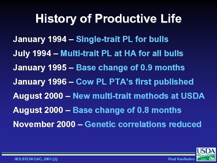History of Productive Life January 1994 – Single-trait PL for bulls July 1994 –