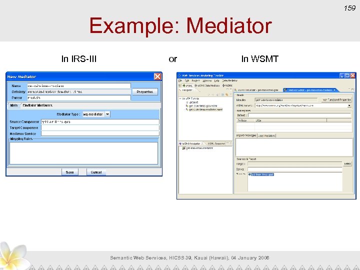 159 Example: Mediator In IRS-III or In WSMT Semantic Web Services, HICSS 39, Kauai