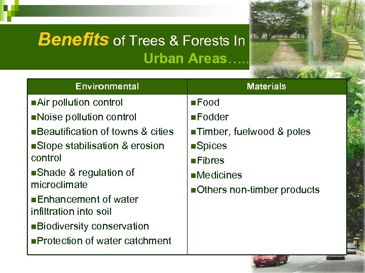 Benefits of Trees & Forests In Urban Areas…. . Environmental n. Air pollution control