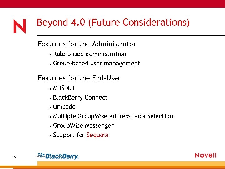 Beyond 4. 0 (Future Considerations) Features for the Administrator • Role-based administration • Group-based