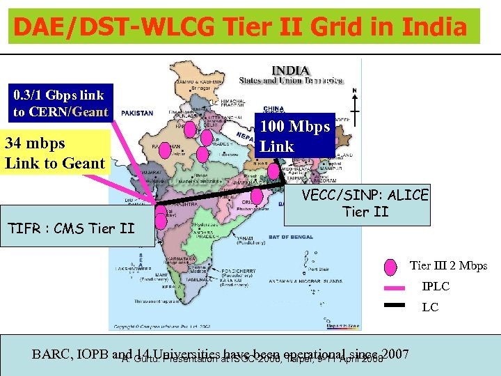 DAE/DST-WLCG Tier II Grid in India 0. 3/1 Gbps link to CERN/Geant 34 mbps