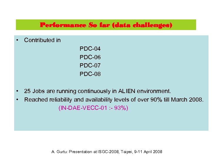 Performance So far (data challenges) • Contributed in PDC-04 PDC-06 PDC-07 PDC-08 • 25