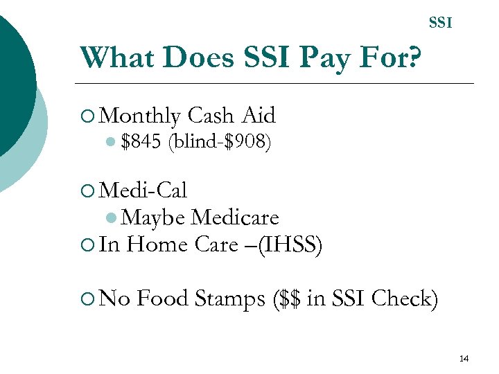 SSI What Does SSI Pay For? ¡ Monthly l $845 Cash Aid (blind-$908) ¡