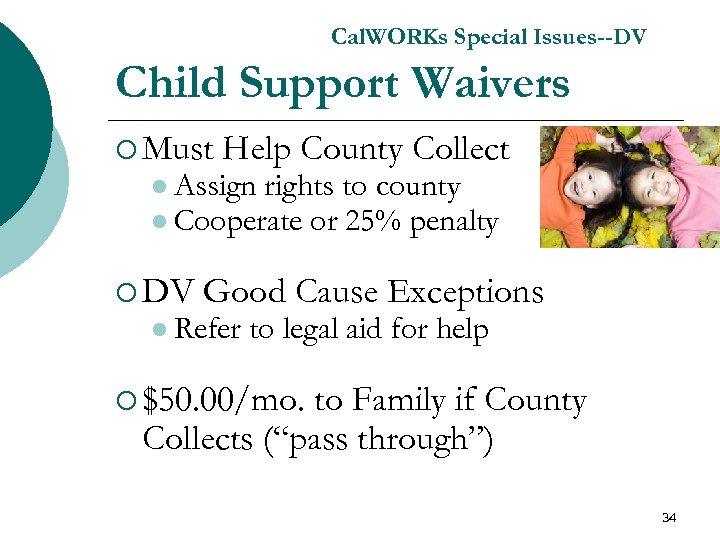 Cal. WORKs Special Issues--DV Child Support Waivers ¡ Must Help County Collect l Assign