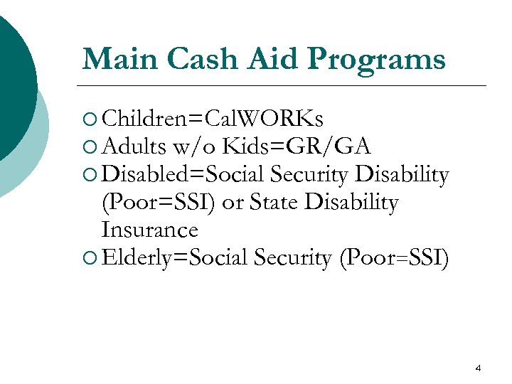 Main Cash Aid Programs ¡ Children=Cal. WORKs ¡ Adults w/o Kids=GR/GA ¡ Disabled=Social Security