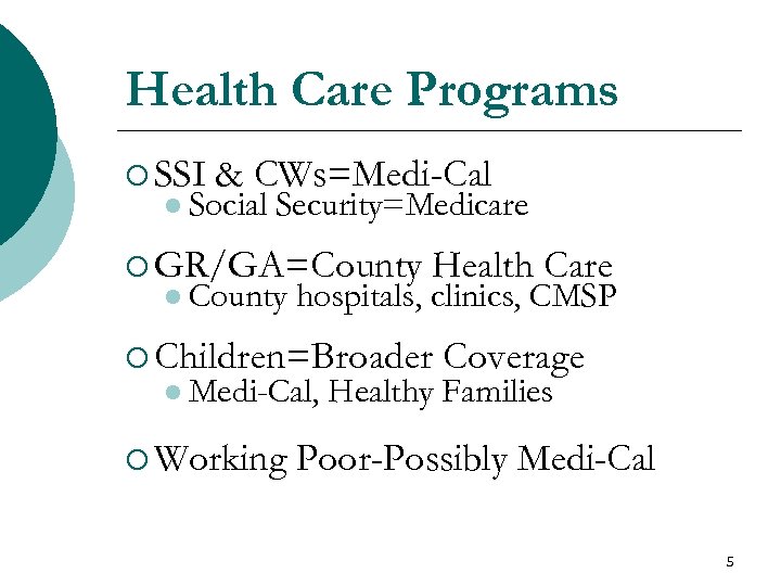 Health Care Programs ¡ SSI & CWs=Medi-Cal l Social Security=Medicare ¡ GR/GA=County l County