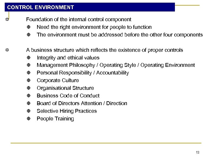 CONTROL ENVIRONMENT Foundation of the internal control component Need the right environment for people