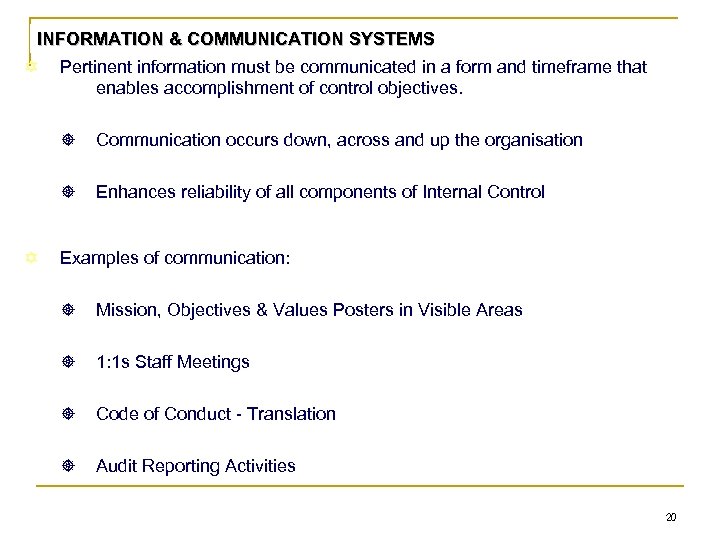 INFORMATION & COMMUNICATION SYSTEMS Pertinent information must be communicated in a form and timeframe