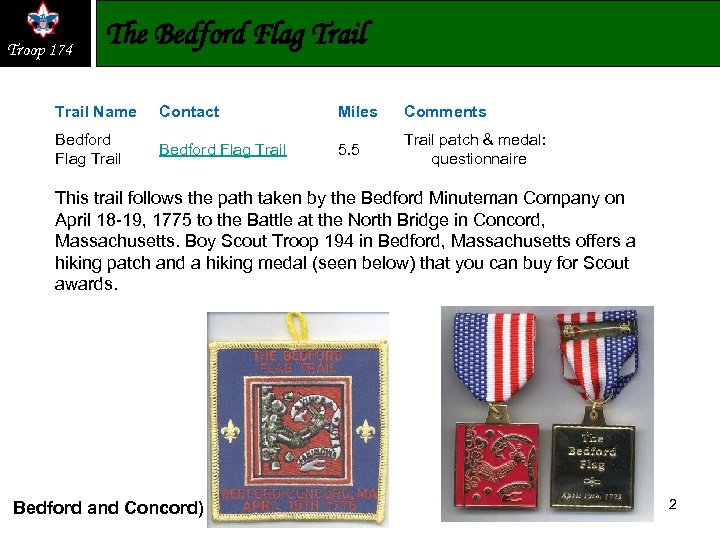 Troop 174 The Bedford Flag Trail Name Contact Miles Comments Bedford Flag Trail 5.