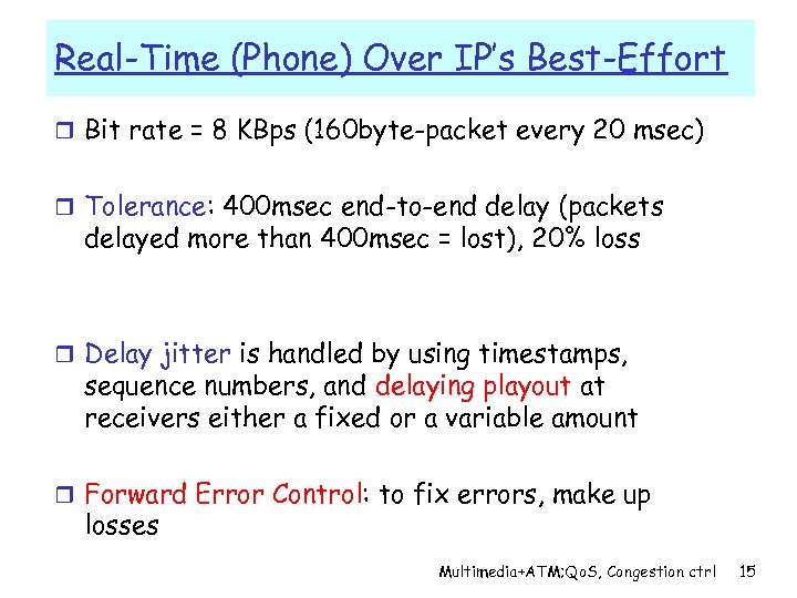 Real-Time (Phone) Over IP’s Best-Effort r Bit rate = 8 KBps (160 byte-packet every