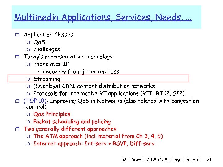 Multimedia Applications, Services, Needs, … r Application Classes Qo. S m challenges r Today’s