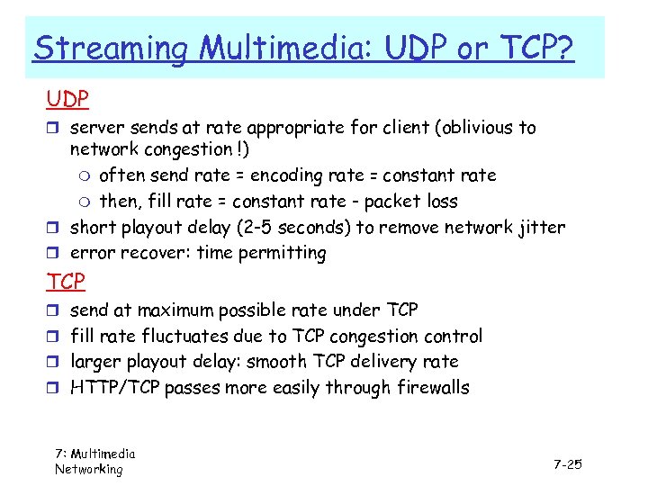 Streaming Multimedia: UDP or TCP? UDP r server sends at rate appropriate for client