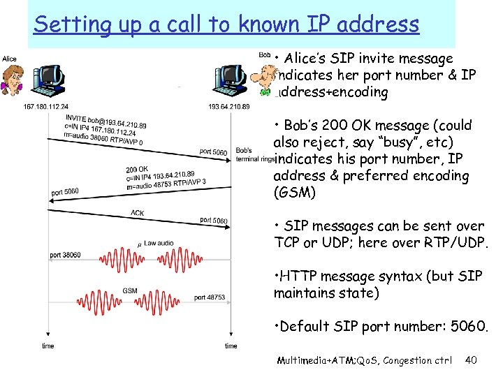 Setting up a call to known IP address • Alice’s SIP invite message indicates