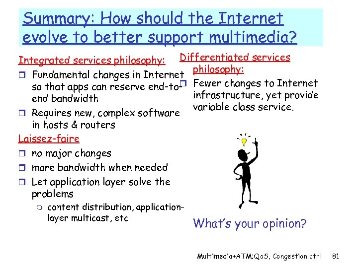 Summary: How should the Internet evolve to better support multimedia? Integrated services philosophy: Differentiated