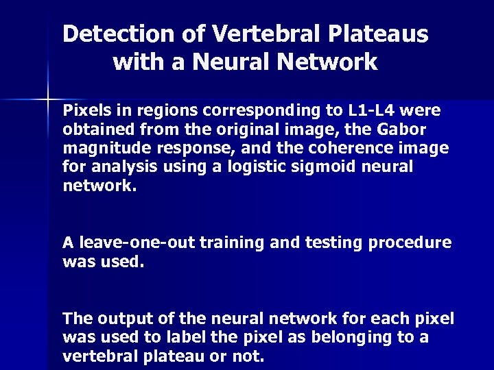 Detection of Vertebral Plateaus with a Neural Network Pixels in regions corresponding to L