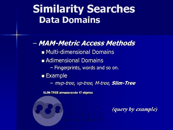 Similarity Searches Data Domains – MAM-Metric Access Methods n Multi-dimensional Domains n Adimensional Domains