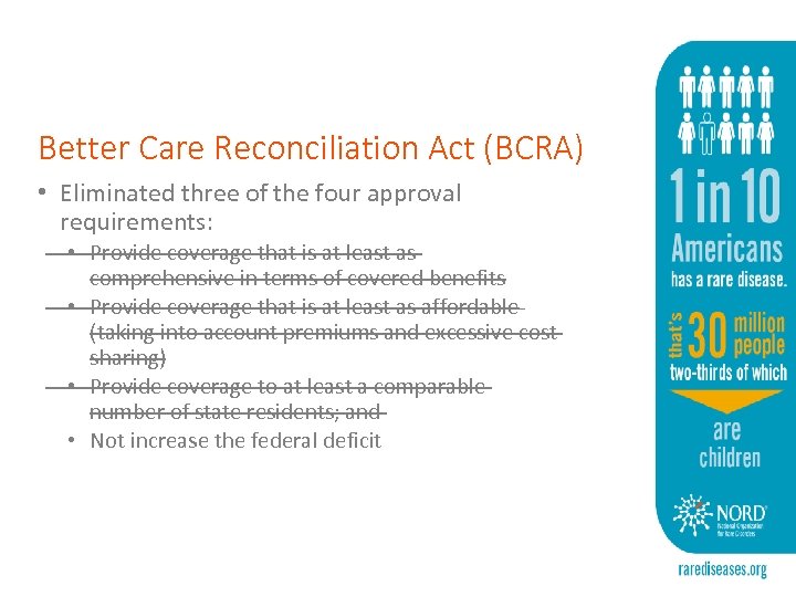 Better Care Reconciliation Act (BCRA) • Eliminated three of the four approval requirements: •