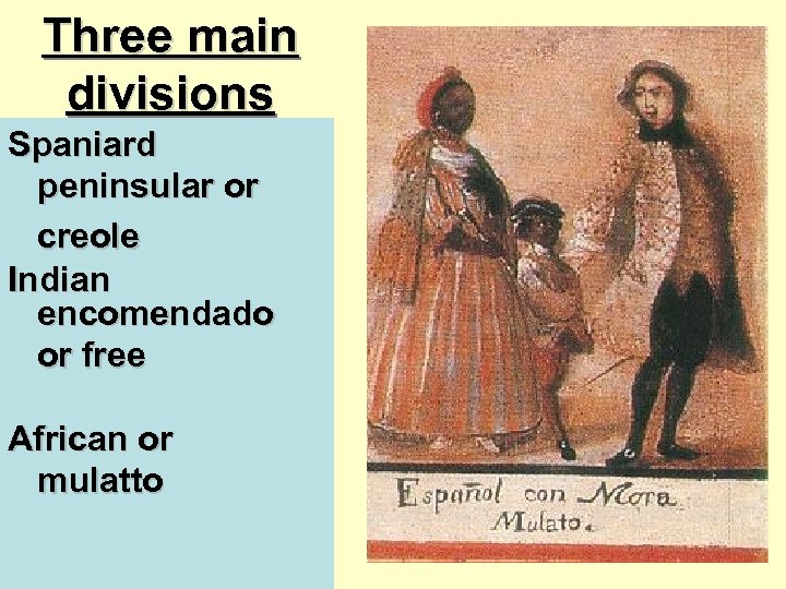 Three main divisions Spaniard peninsular or creole Indian encomendado or free African or mulatto