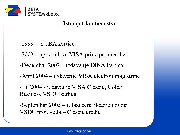 Istorijat kartičarstva -1999 – YUBA kartice -2003 – aplicirali za VISA principal member -Decembar