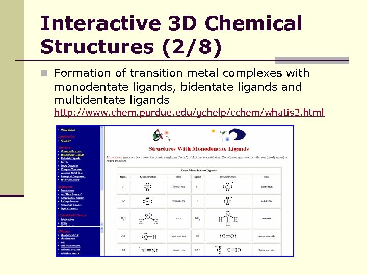 Interactive 3 D Chemical Structures (2/8) n Formation of transition metal complexes with monodentate