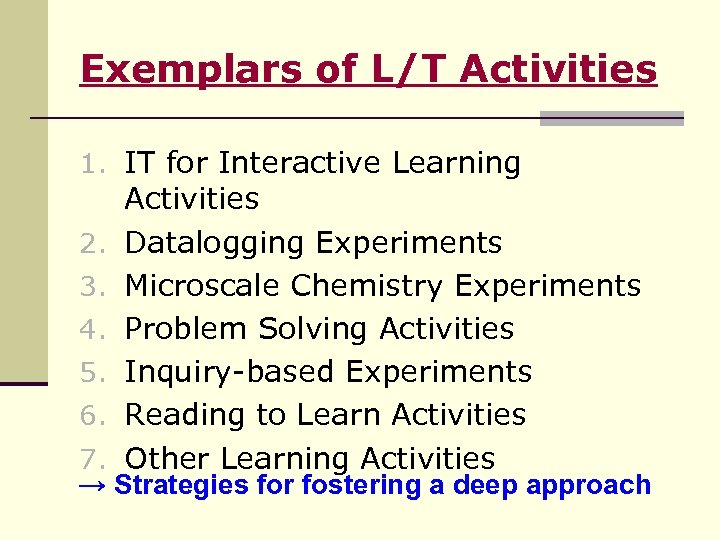 Exemplars of L/T Activities 1. IT for Interactive Learning 2. 3. 4. 5. 6.