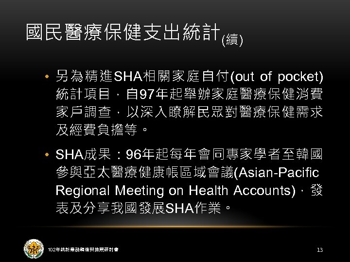 國民醫療保健支出統計(續) • 另為精進SHA相關家庭自付(out of pocket) 統計項目，自 97年起舉辦家庭醫療保健消費 家戶調查，以深入瞭解民眾對醫療保健需求 及經費負擔等。 • SHA成果： 96年起每年會同專家學者至韓國 參與亞太醫療健康帳區域會議(Asian-Pacific Regional