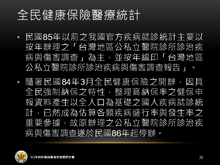 全民健康保險醫療統計 • 民國85年以前之我國官方疾病就診統計主要以 按年辦理之「台灣地區公私立醫院診所診治疾 病與傷害調查」為主，並按年編印「台灣地區 公私立醫院診所診治疾病與傷害調查報告」。 • 隨著民國84年 3月全民健康保險之開辦，因具 全民強制納保之特性，整理高納保率之健保申 報資料產生以全人口為基礎之國人疾病就診統 計，已然成為估算各類疾病盛行率與發生率之 重要參據，故原辦理之公私立醫院診所診治疾 病與傷害調查遂於民國86年起停辦。