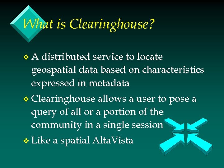 What is Clearinghouse? v A distributed service to locate geospatial data based on characteristics