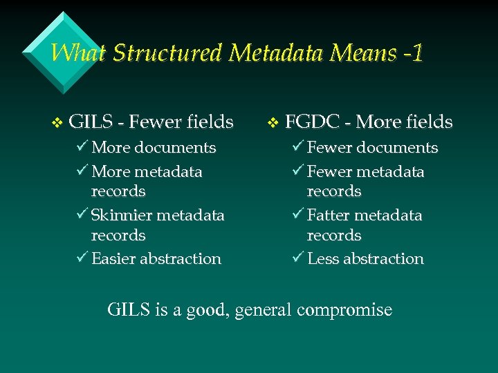 What Structured Metadata Means -1 v GILS - Fewer fields ü More documents ü