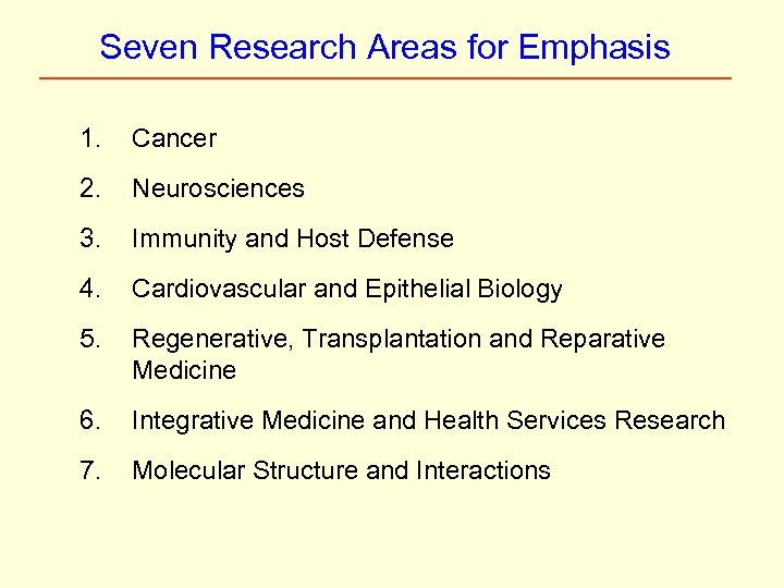 Seven Research Areas for Emphasis 1. Cancer 2. Neurosciences 3. Immunity and Host Defense