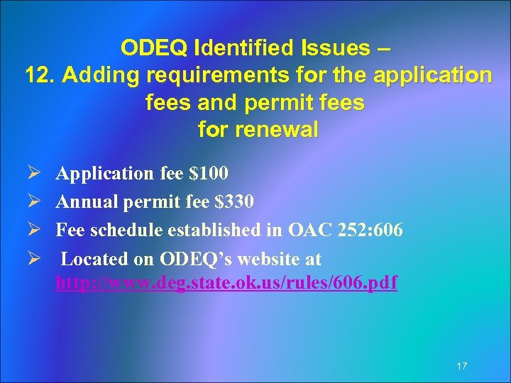 ODEQ Identified Issues – 12. Adding requirements for the application fees and permit fees