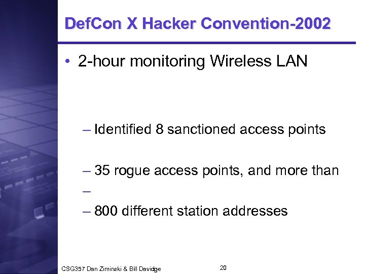 Def. Con X Hacker Convention-2002 • 2 -hour monitoring Wireless LAN – Identified 8