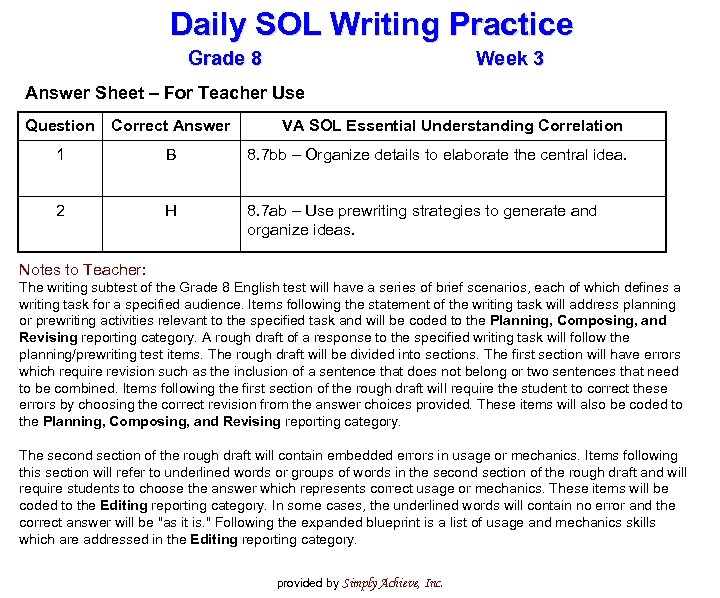 Daily SOL Writing Practice Grade 8 Week 3 Answer Sheet – For Teacher Use