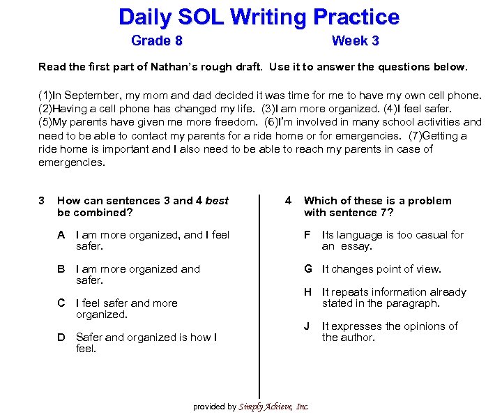 Daily SOL Writing Practice Grade 8 Week 3 Read the first part of Nathan’s