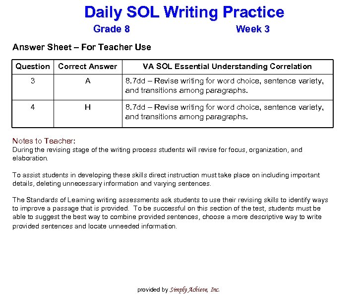 Daily SOL Writing Practice Grade 8 Week 3 Answer Sheet – For Teacher Use