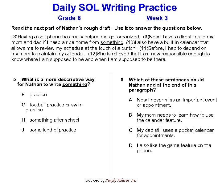 Daily SOL Writing Practice Grade 8 Week 3 Read the next part of Nathan’s