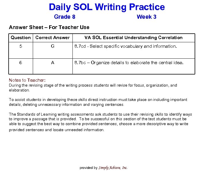 Daily SOL Writing Practice Grade 8 Week 3 Answer Sheet – For Teacher Use