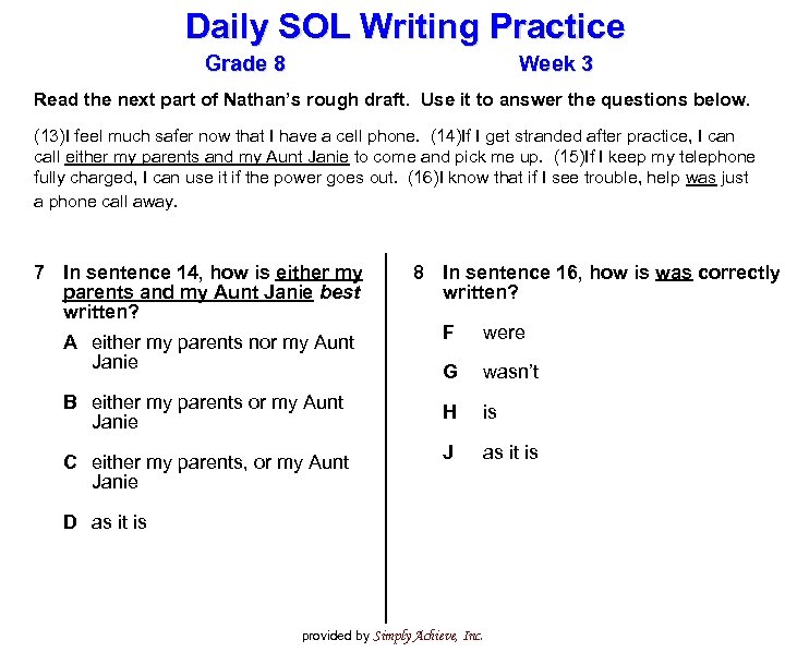 Daily SOL Writing Practice Grade 8 Week 3 Read the next part of Nathan’s