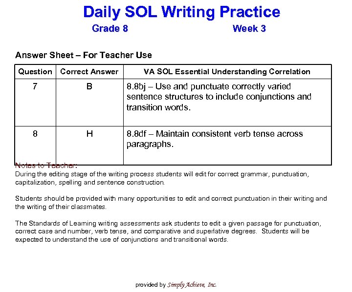 Daily SOL Writing Practice Grade 8 Week 3 Answer Sheet – For Teacher Use